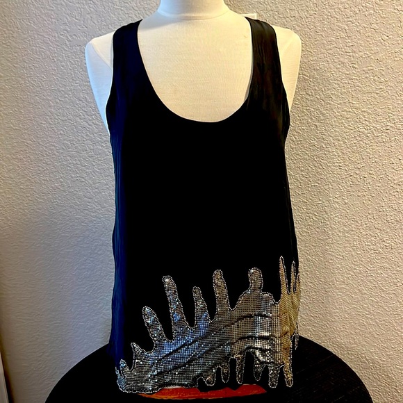 MM Couture Black Silk Tank Top with Silver Sequined Accent Sz M - Picture 1 of 10